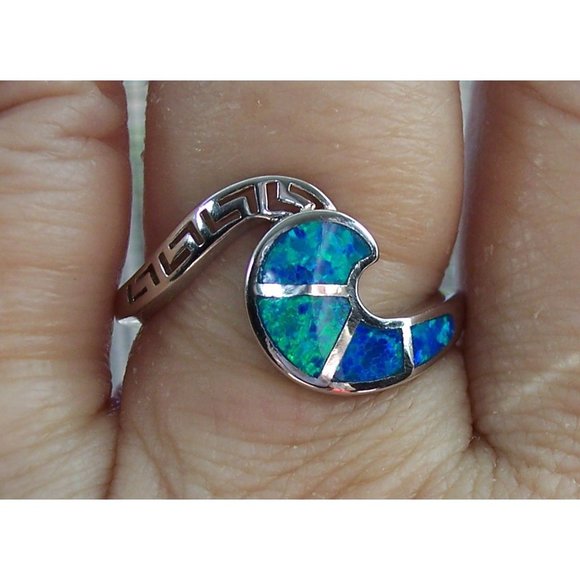 925 STERLING SILVER Lab Created Blue Fire Opal Greek Key & Wave Ring - Picture 10 of 16